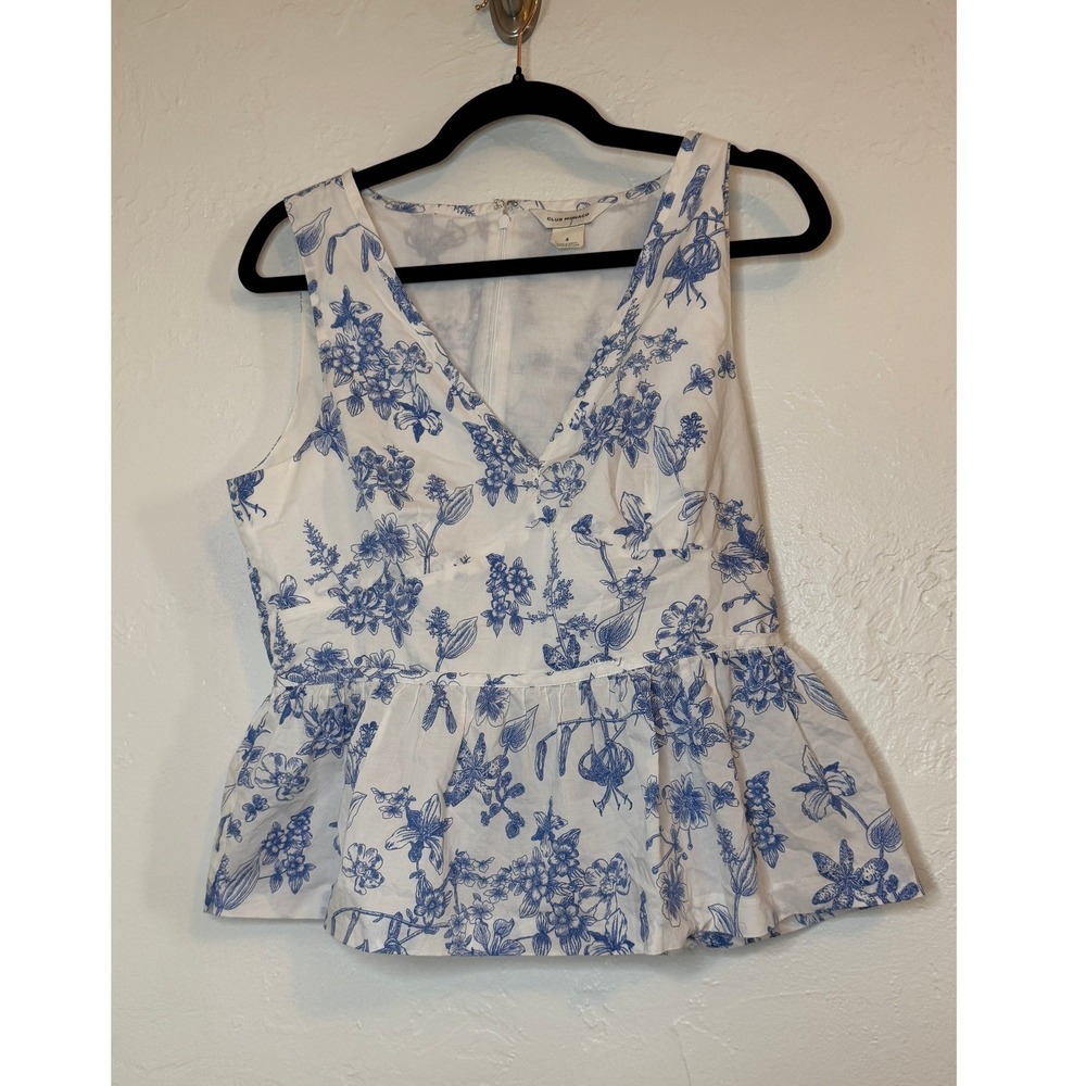 Club Monaco Top 8 White Blue Floral Peplum Sleeveless V-Neck 8
